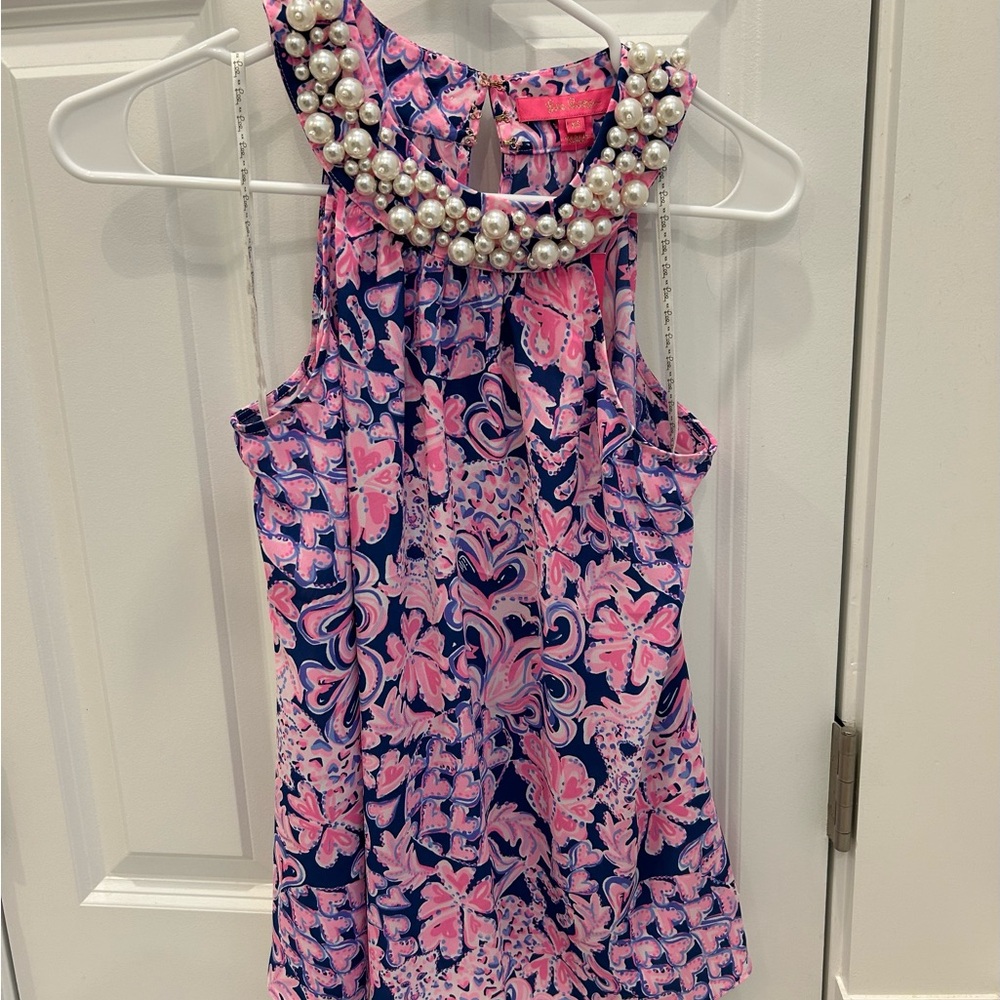 Lilly Pulitzer Shawn Pink and Blue Patterned Blouse with Pearl Embellishment - Picture 4 of 8